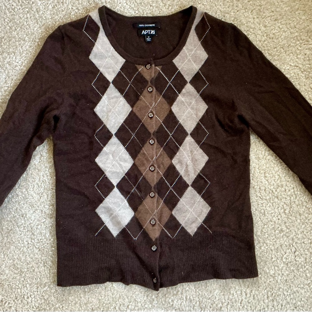 Apt. 9 Women's Brown Argyle Cashmere Cardigan (M)